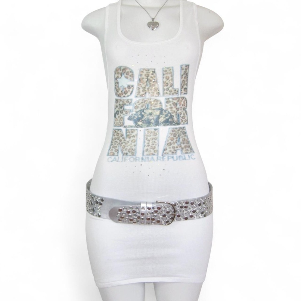 y2k California Republic leopard graphic ribbed tank dress